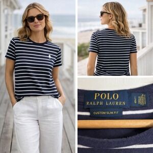 Polo Ralph Lauren Mens Custom Slim Fit Striped T-Shirt Navy White Large Large